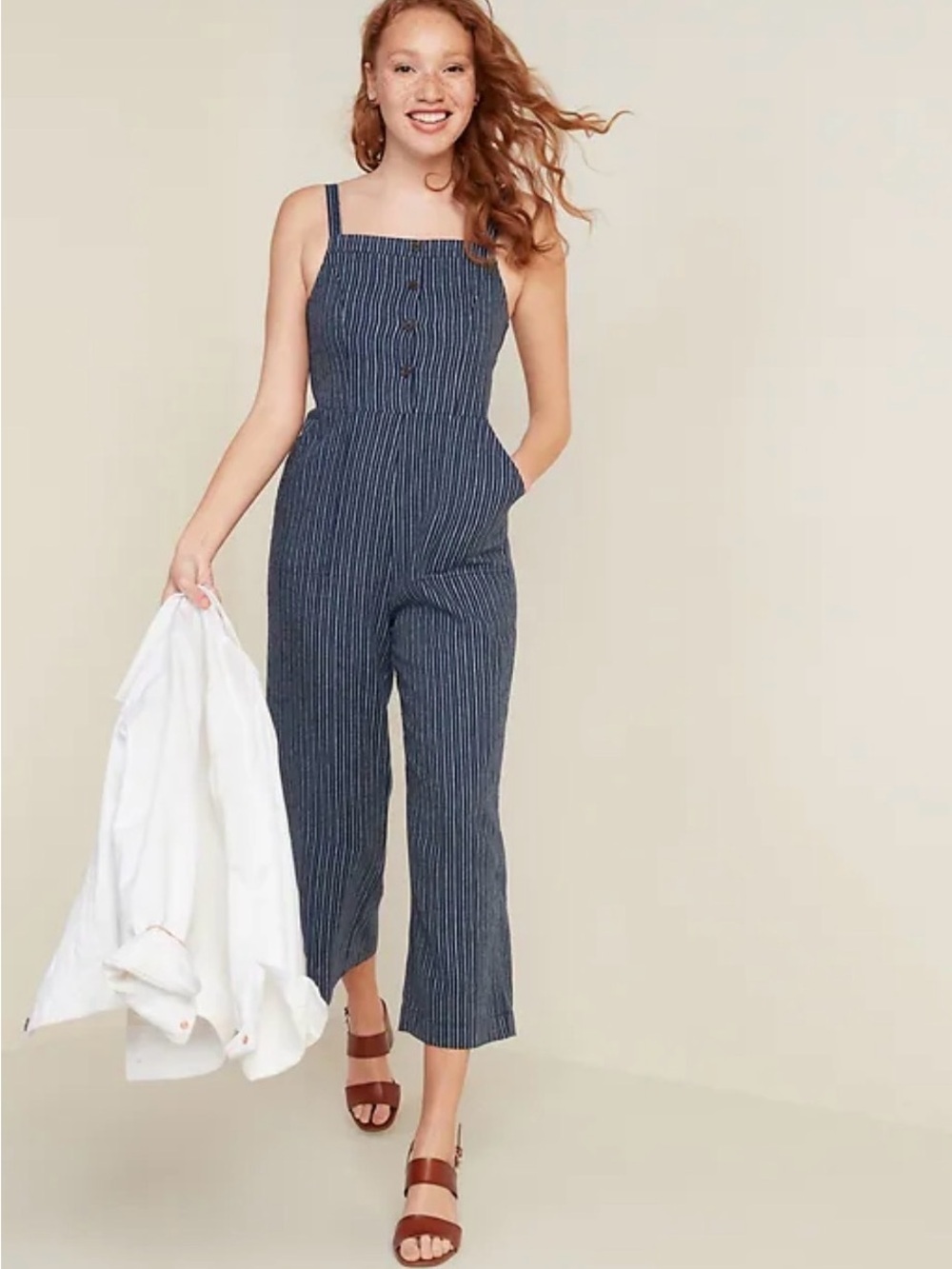 Old Navy Linen Blend Navy and White Striped Romper